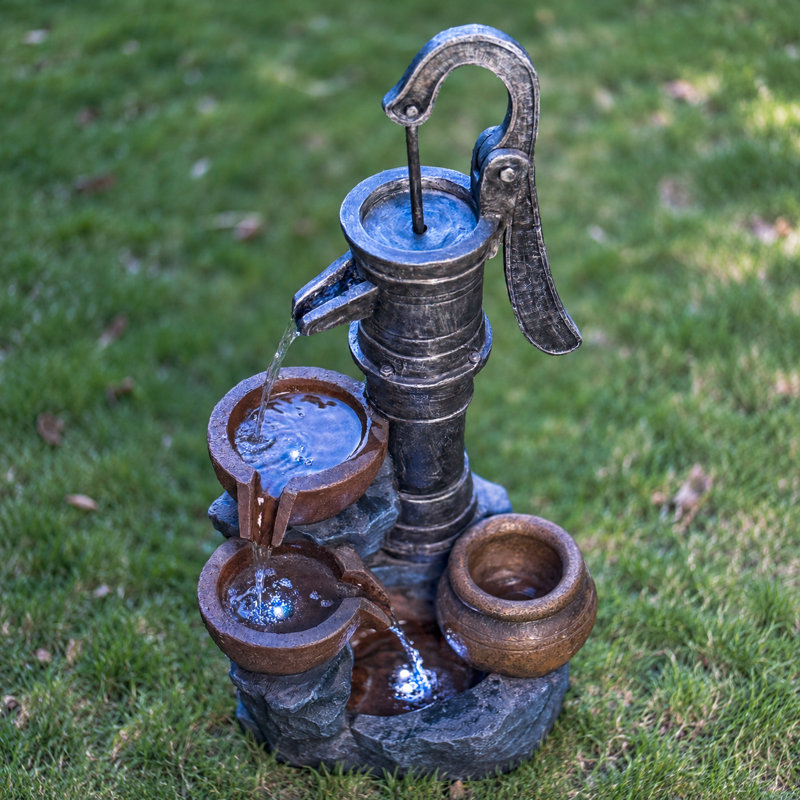Fontaine d'extérieur avec lumières à DEL, pompe rétro en métal 32,3 "et fontaine en métal