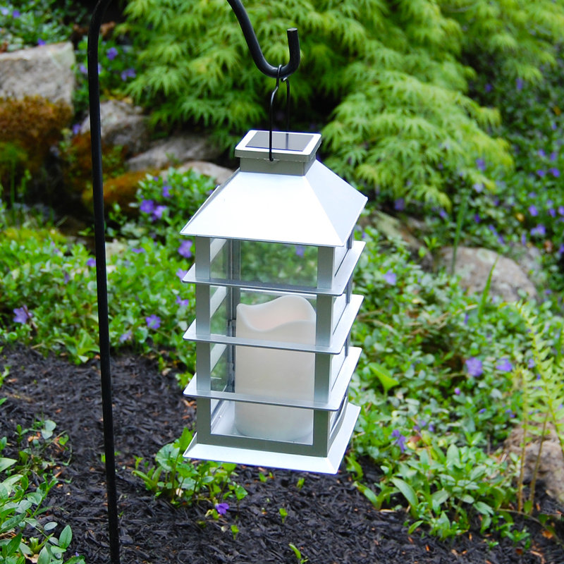 Silver Hanging Solar LED Candle Lantern with Glass Panels