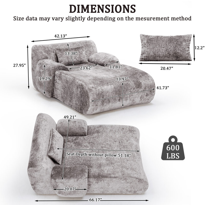 66” Oversized Upholstered Chaise Lounge, Compression Sofa Bed with Lumbar Pillow, Light Gray