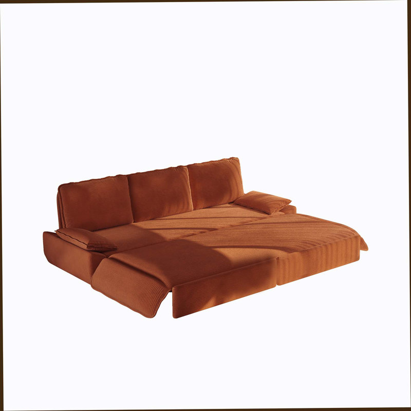 94.5" King Size Pull Out Sofa Bed,3-In-1 Convertible Sleeper Sofa,Multi-Functional Corduroy  Bed,Orange, Orange