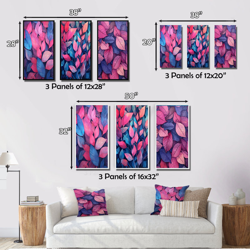 Pink Blue Leafs Harmony - Floral Art Set Of 3 Pieces, 20" H x 36" W, Wrapped Canvas