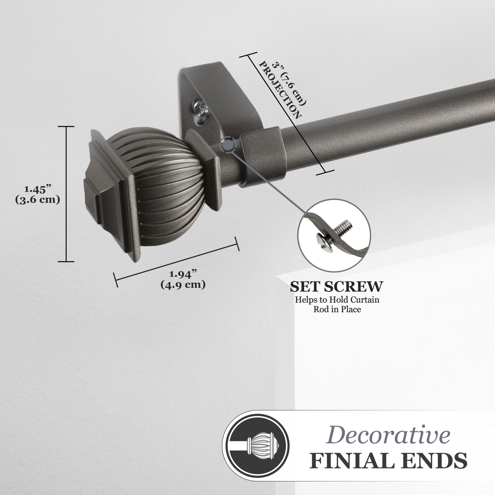 Berkley Kenney Beckett 5/8" Standard Decorative Window Curtain Rod, 28'' - 48'', Pewter