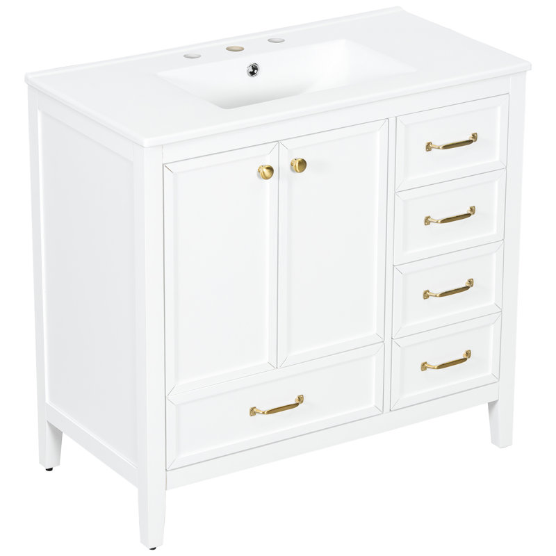 Meuble-lavabo 36 po avec lavabo en céramique, structure en pin massif, finition blanche, tiroirs, solution de rangement multiple pour 36 po en blanc, avec bois, conception lisse, 4 tiroirs