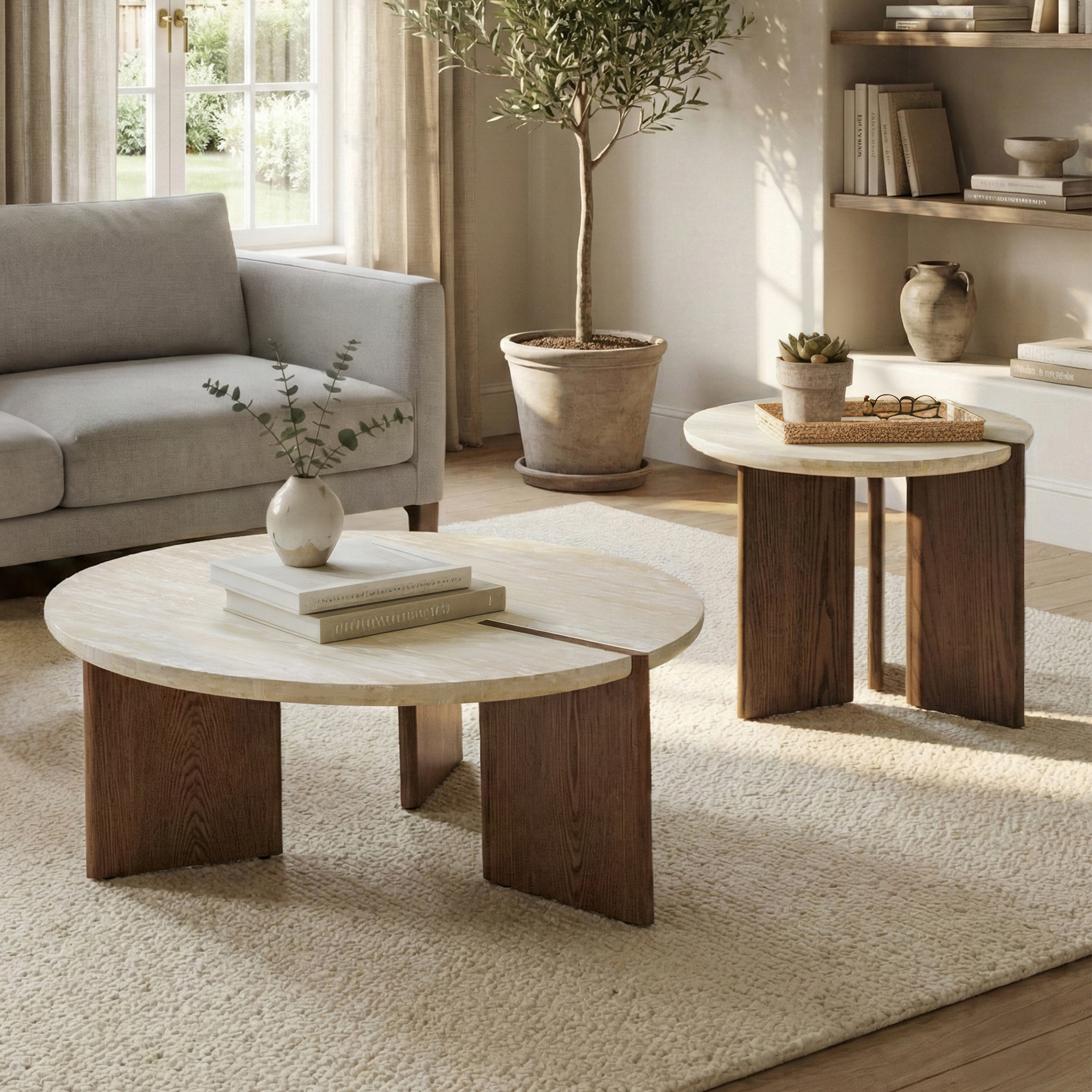 Hokku Designs Garces Round Coffee Table Set With Travertine Stone Tops ...