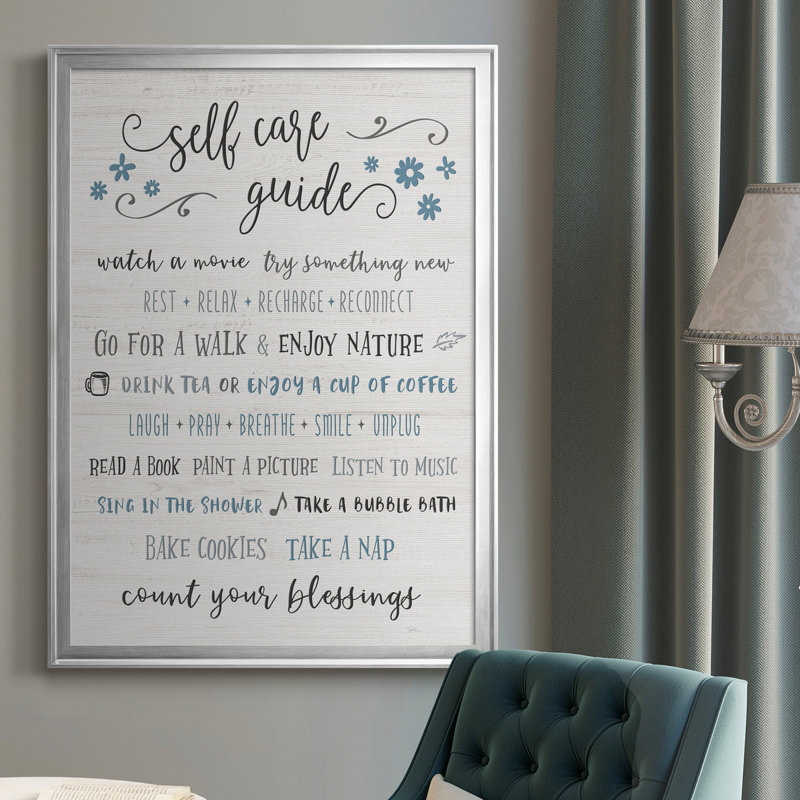 Guide to Self Care - Cadre photo, art textuel sur toile, H 30,5 po x l 42,5 po x P 1,5 po, Cadre argenté