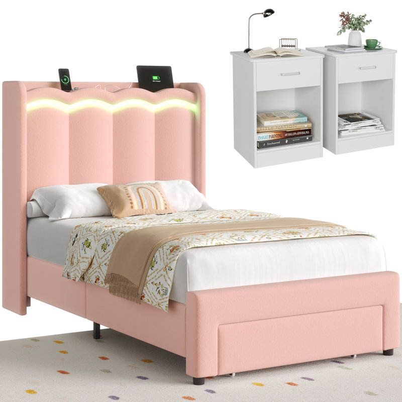 3 Piece Kids Bedroom Set, Twin Size Upholstered Storage Kids Bed With 1 Drawer & Led Lights, 2 Nightstands With 1-drawer