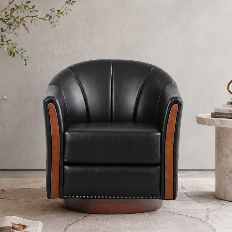 Fauteuil demi-tonneau pivotant rembourré en cuir végétalien de 28 po de largeur avec base en bois massif, Noir