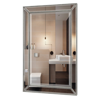 Metro Beaded Wooden Frame Bathroom Mirror 24"x36" Large Framed Deco Wall Mirror with Angled Beveled Frame for Living Room Entryways, Washrooms