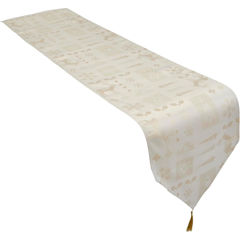 Christmas Theme Tasselled Table Runner 13in, 33cm W x 183cm L, Cream