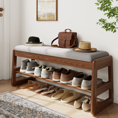 Bancs à chaussures en bois massif, siège en cuir ou en lin, tablette à deux niveaux, rangement rabattable