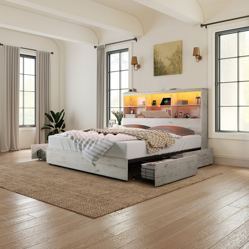 Bilal 51.2" King Size Bed Frame with Storage LED Bookcase Headboard&4 Storage Drawers,Distressed White, King