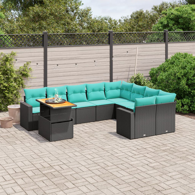  10 Piece Patio Sofa Set With Cushions Poly Rattan, Black, Green