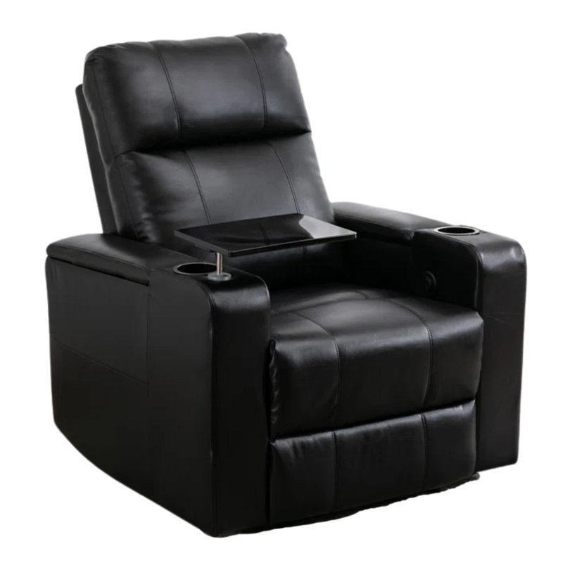 Ryun 33.1'' Wide Breathable Leather Power Recliner with Arm Table and Cup Holder, Gray Performance Faux Leather