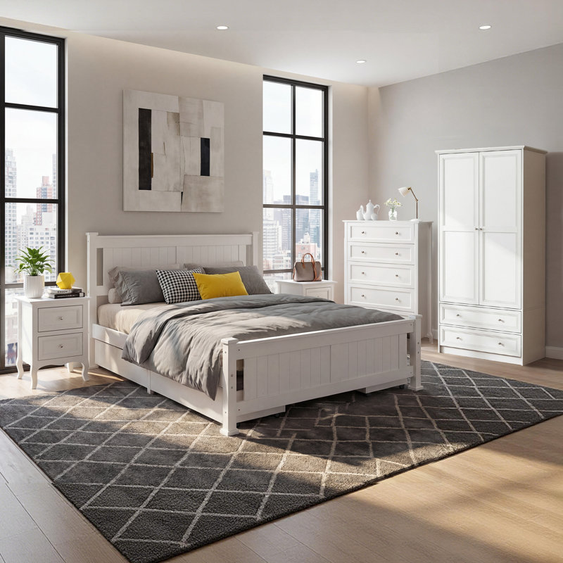 Wood Size Bed Frame With 4 Storage Drawers, Solid Wood Platform Bed With Headboard, Twin
