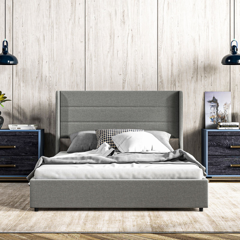 Grand lit plateforme avec tête de lit, finition noire, Grand lit