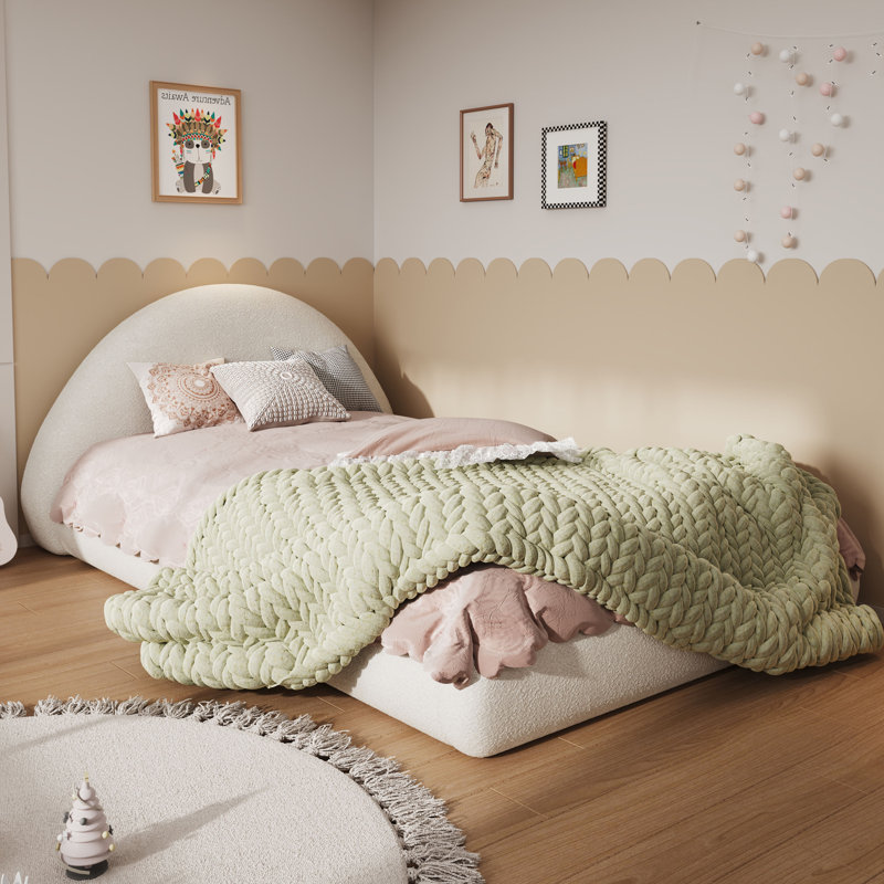 Cleary Organic Modern Curved Headboard Upholstered Platform Bed, White Boucle