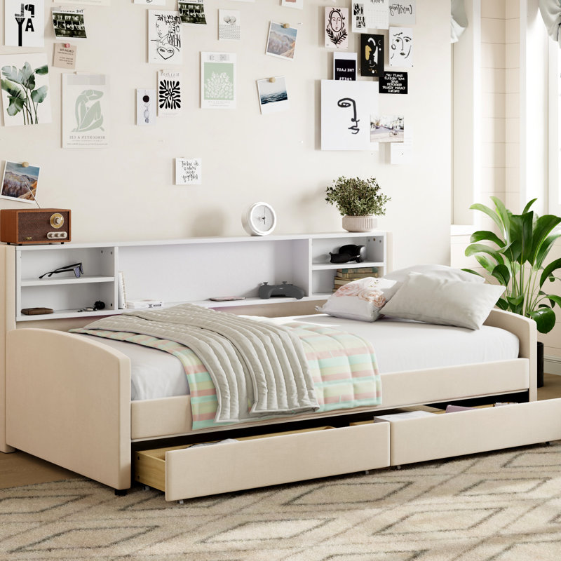 Lit simple tapissier avec housse beige et beaucoup de rangement - Doux et spacieux tiroirs, tissu de velours luxueux, confortable, pour la literie de vêtements, fabrication stable
