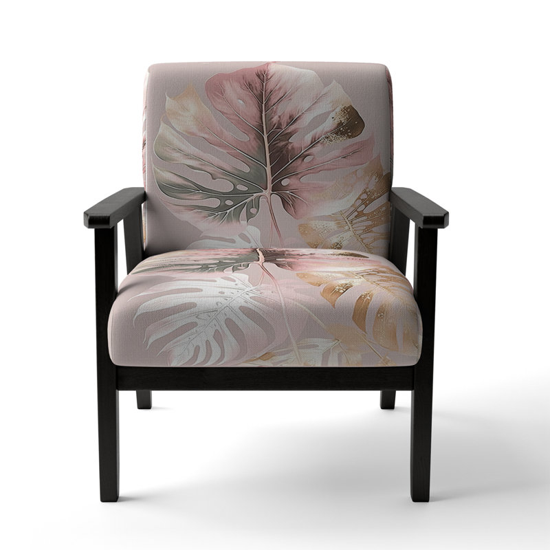 Leaf I - Upholstered Scandinavian Arm Chair, Botanical Ferns Accent Chair, Pink/Gold Polyester, Black Square Arms