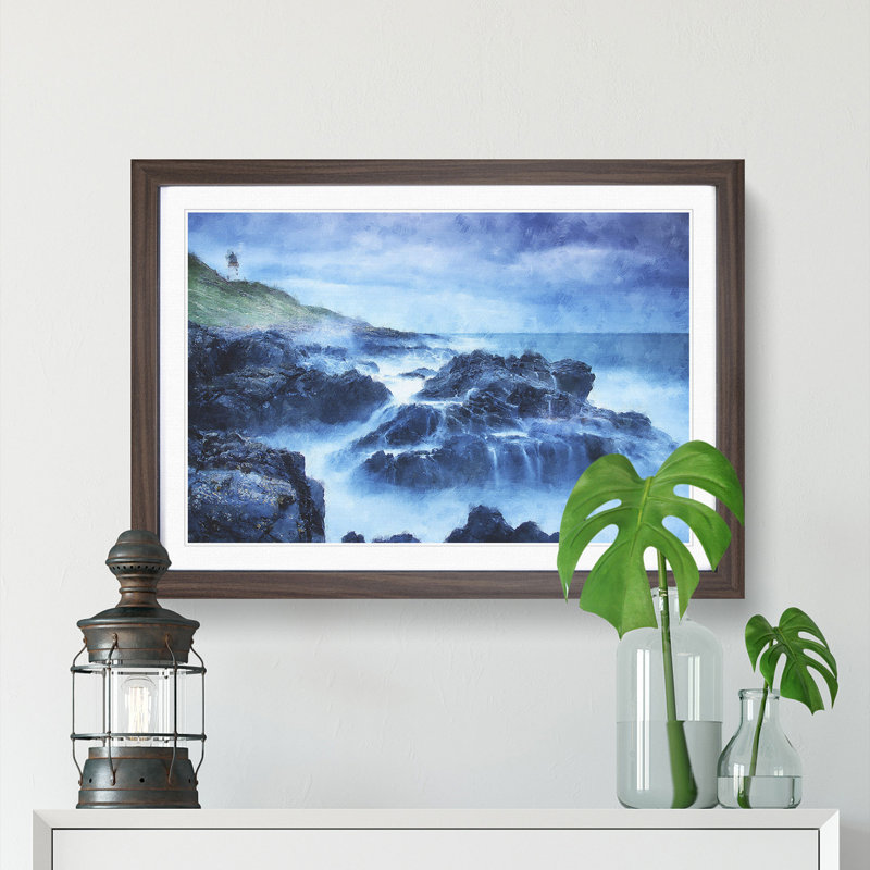 Lighthouse On A Hill With Seascape - Single Picture Frame Painting on MDF, 48cm H x 65cm W x 2cm D, Walnut Framed