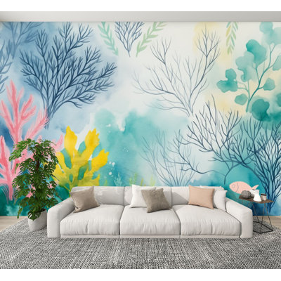 Coastal Peel and Stick Wallpaper Underwater Coral Reef Watercolor Tropical Fish Pastel Marine Wall Murals 100"H x 144"W Removable PVC Wall Paper Self-Adhesive Wall Decor for Bathroom Kids Bedroom Living Room Home Nursery