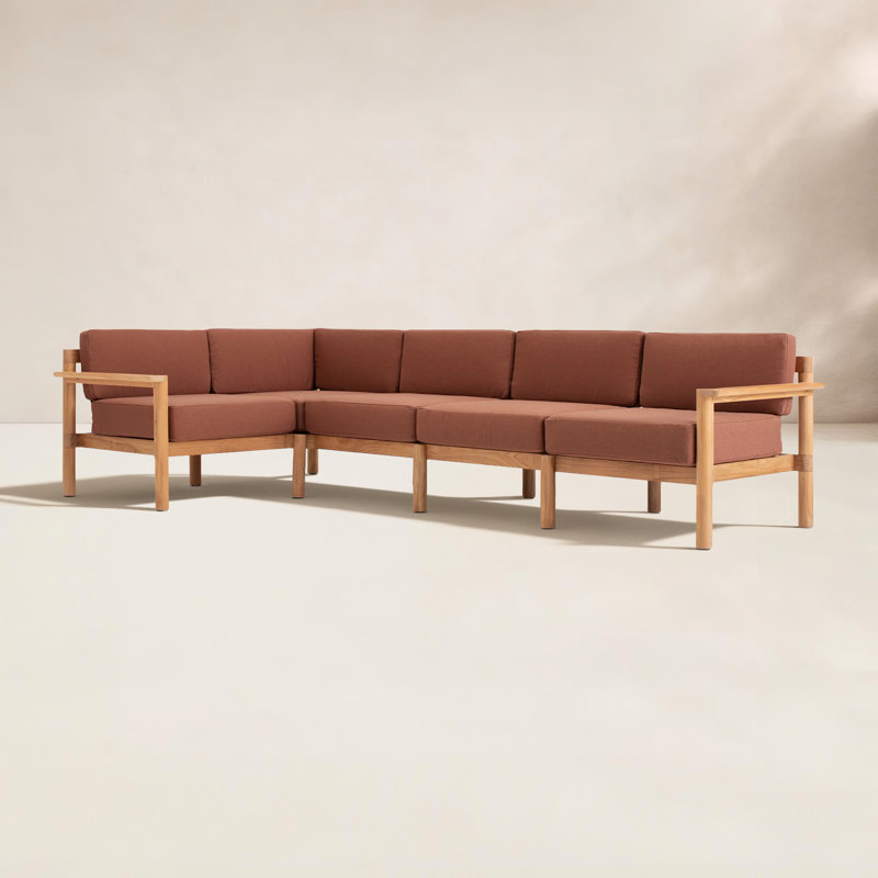 Haven 5-Piece Teak Outdoor Sectional with Sunbrella Cushions and Wooden Armrest, Sunbrella Rust