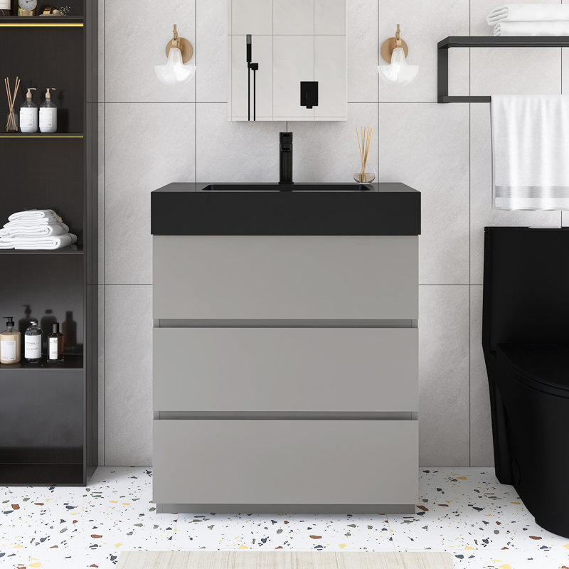 30" Freestanding Bathroom Vanity With Integrated Resin Top, Grey