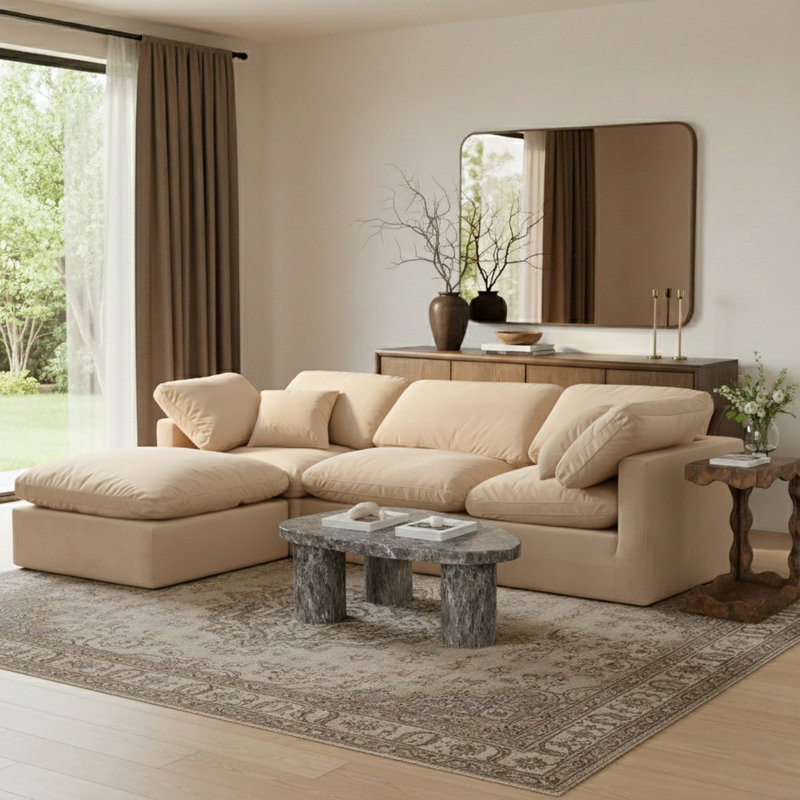 Itala Velvet L-Shaped Sectional Reversible, Beige Velvet