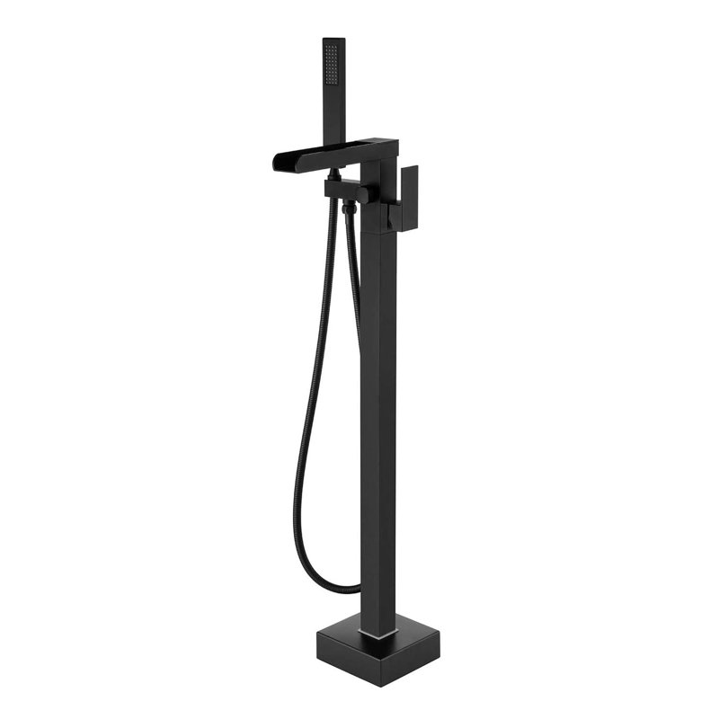 Matte Black Brass Waterfall Freestanding Tub Faucet with Hand Shower