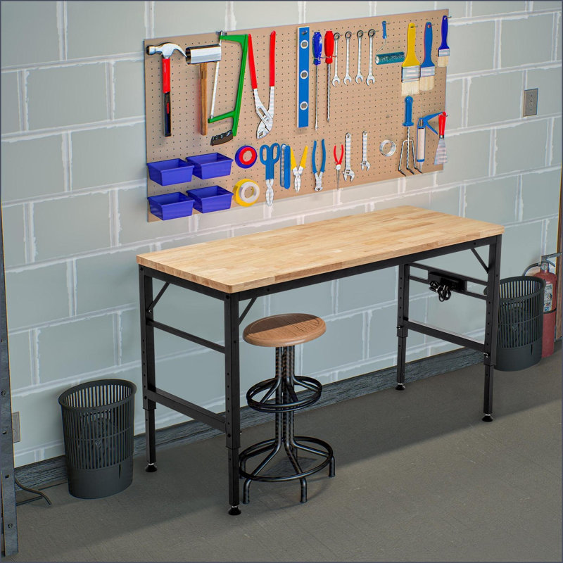 Workbench, 60'' Rubber Wood Top Heavy Duty 2000 LBS Load Capacity Adjustable Height with Power Outlets | Black | Metal &amp; Wood