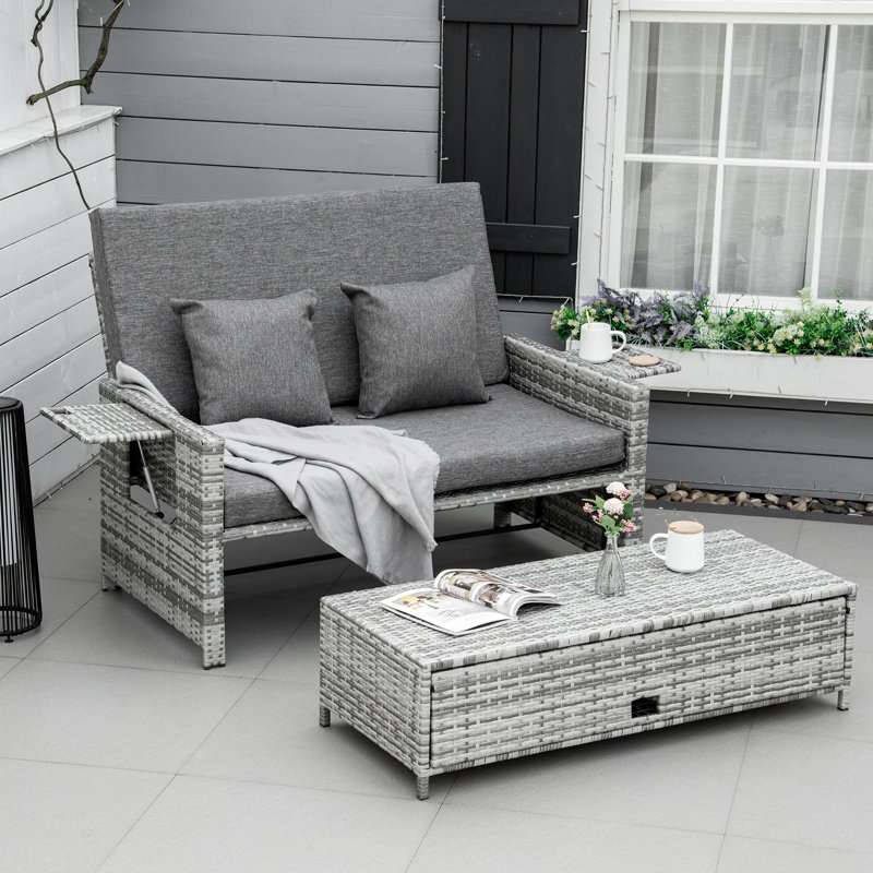 Lit de jour d'extérieur en rotin 2 pièces avec coussins et rangement, gris