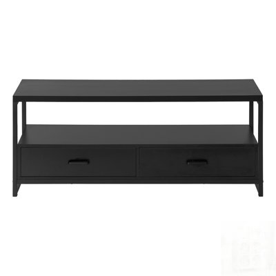Meuble télé moderne avec cadre en métal, tablettes ouvertes et tiroirs de rangement pour le salon ou la chambre à coucher