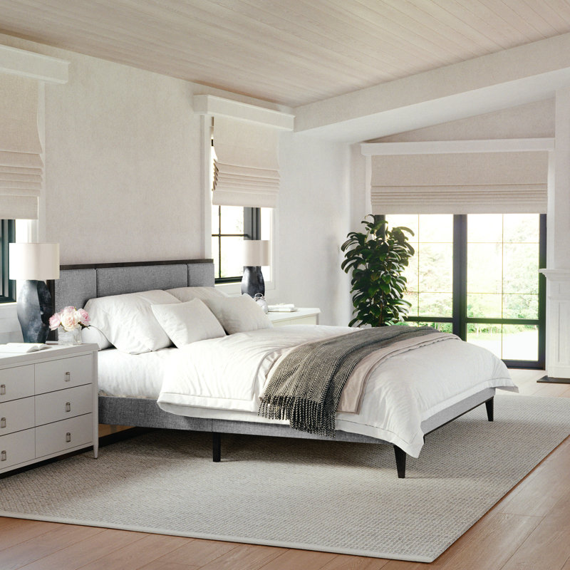 Martha Stewart Jett Wooden Platform Bed With Upholstered Base And Triple Inset Headboard, King, Gray