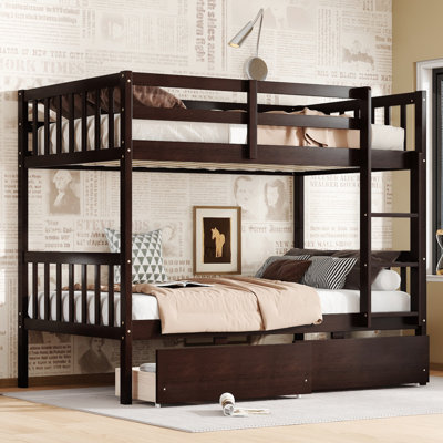 Twin Over Twin Rubber Wood Bunk Bed with 2 Drawers, Convertible into 2 Twin Beds, Safety Guardrails & Ladder,Espresso