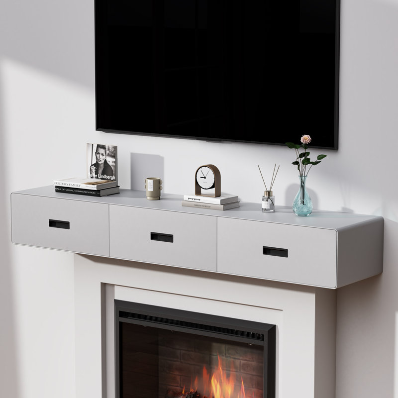 Meuble télé flottant, meuble télé mural moderne avec 3 tiroirs pour console multimédia (63 po), Gris clair