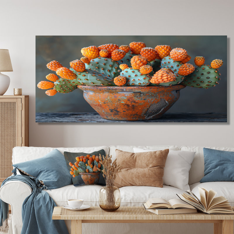 Photo monochrome orange et vert de Cactus dans un vase I - Cactus, art mural, Toile tendue, H 24 po x l 32 po