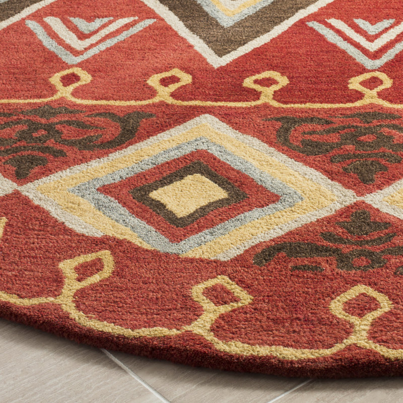 Tapis décoratif rouge / multicolore en laine touffeté à la main à motif géométrique Boyd, Rond 6 pi