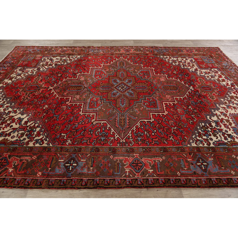 Tapis décoratif en laine noué à la main de conception unique Heriz rouge 7 pi 8 po x 10 pi 8 po