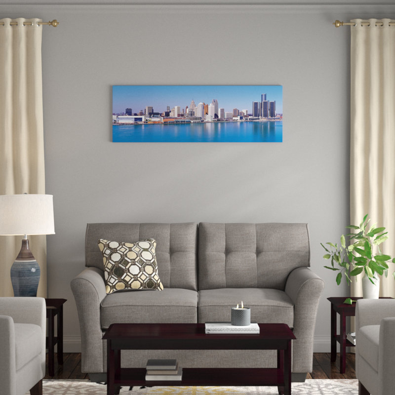 « détroit horizon cityscape », reproduction de photo sur toile tendue, H 12 po x l 36 po x P 1,5 po, Toile avec cadre noir