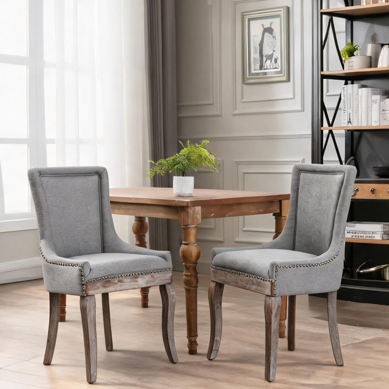 Ensemble de 2 chaises d'appoint rembourrées avec garniture cloutée, pieds en bois massif, tissu gris ardoise, sièges de salle à manger