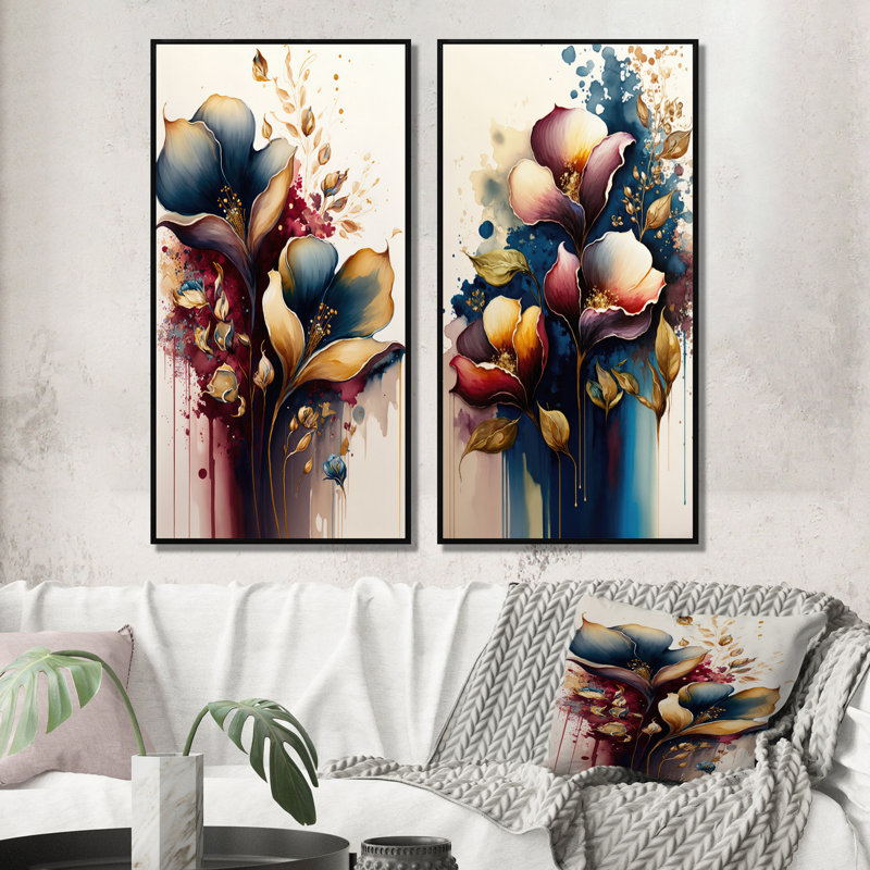 Ensemble de 2 art mural bleu et bourgogne «Cally Lily Bouquet II», Cadre noir, H 40 po x l 40 po