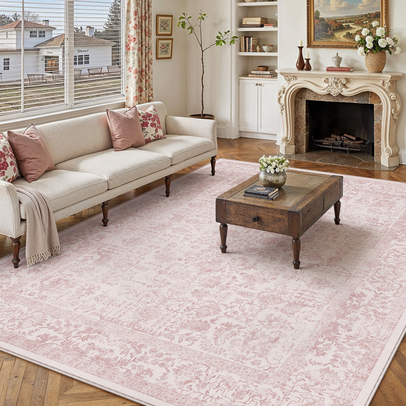 Kitty Machine Washable Vintage Area Rug With Non-Slip Backing, 0.28", Rectangle 8' x 10', Pink