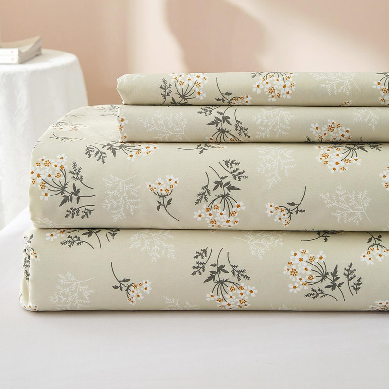 Zeta Boho Floral Printed Sheet Set, Queen Sheet Set with 2 Pillowcases, Violet