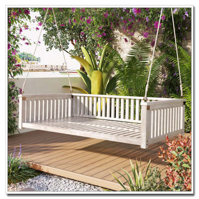 Patio Minimalist Twin Size Garden Swing Bed Wood Porch Swing with Ropes for Backyard
