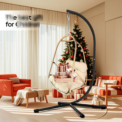 Swing Egg Chair With Stand, Indoor Outdoor Basket Hanging Chair, 4 - Point Support Aging , Soft Pillows, Great For Patio Reading C Type Bracket, Cushion, Pillow And Special Cup Holder, 350lbs Load,