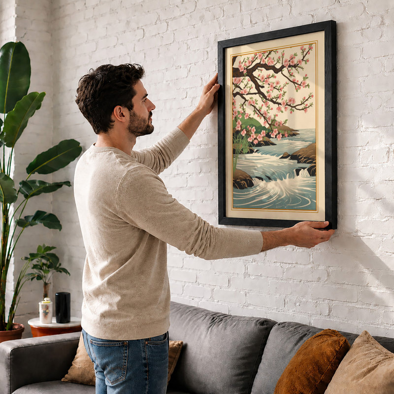 Cherry Blossom and Stream Japandi - Framed Print, A4 - 29.7 x 21.0 cm, White