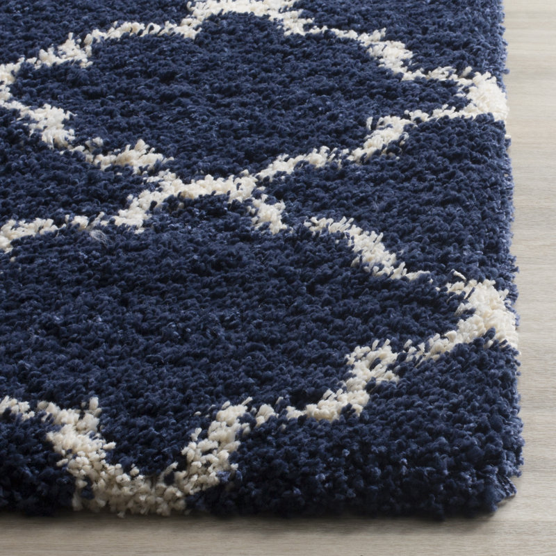 Tapis à poil long à motif géométrique gris, Rond 9 pi, Bleu marine / ivoire
