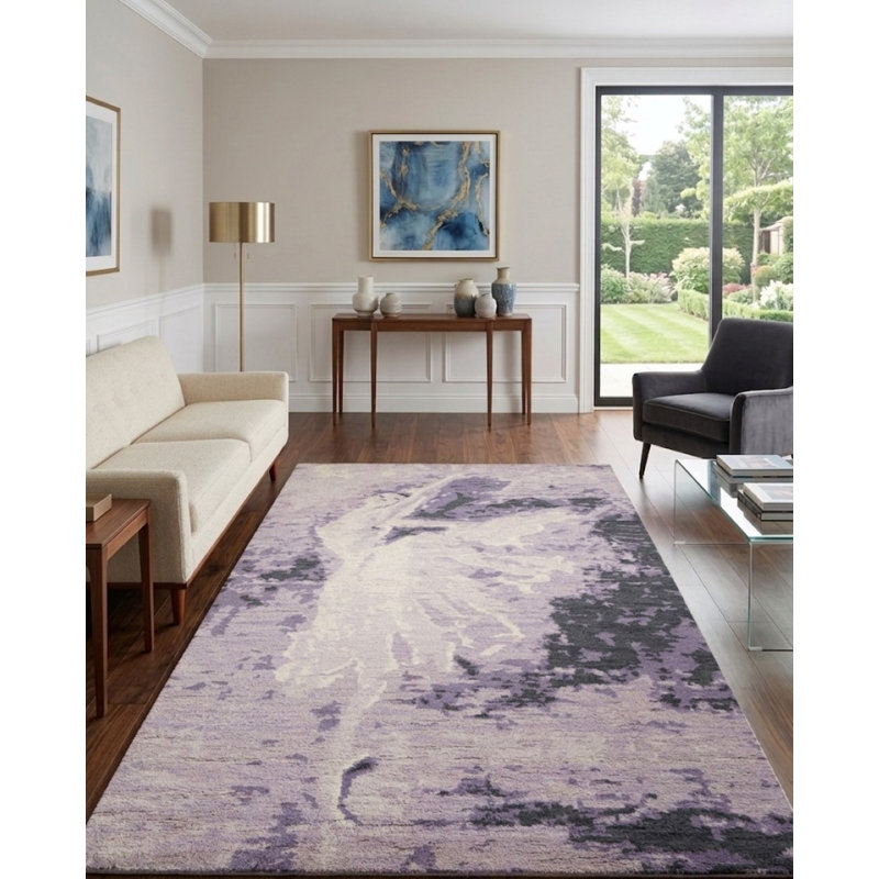 Tapis intérieur mauve en laine mauve contemporain fait à la main, Rectangle de 5 pi x 8 pi