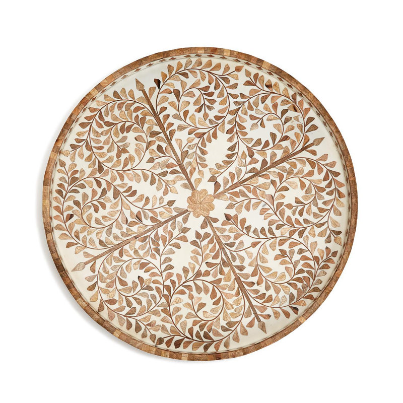 Plateau Jaopur Palace MOP, Floral, Bois manufacturé / bois de manguier / résine, Blanc / brun