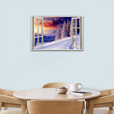 Vue de fenêtre, art mural sur toile, paysage de forêt d'hiver, pin enneigé, coucher de soleil, impressions sur toile, scène d'hiver, œuvre murale pour le bureau de la chambre à coucher, 12 po x 16 po