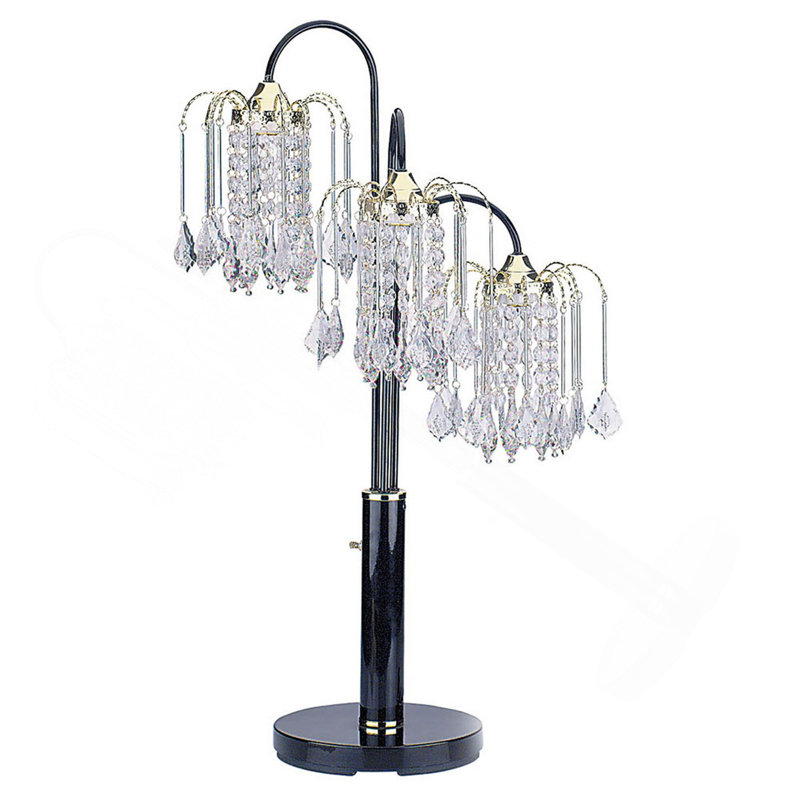 Lampe de table 34 po en métal, 3 lustres en cristal, Noir